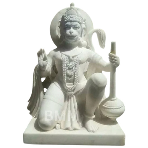 Marble Ashirvad Hanuman Bajrangbali Statue 12 Inches To 6 Foot - White Marble, Multicolor, 12+ Inches, Handcrafted | Religious Worship Statue, Blessing Mudra, Mace Included, Rectangular Base