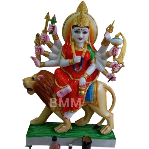 Marble Durga Sherawali Mata Statue 9 Inch To 6 Foot - White Marble 9+ Inch Color Coated | Handcrafted Rectangular Base Finished Surface for Worship