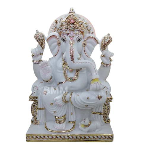 Marble Ganesh Statue 6 Inches and Above - Polished Multicoloured Rectangular Base, Handcrafted for Worship