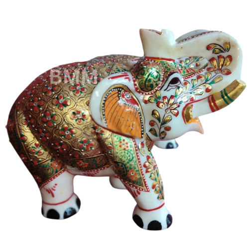 Multicolour Marble Elephant Statue - Handcrafted Polished Finish Rajasthani Art Home & Wedding Decor