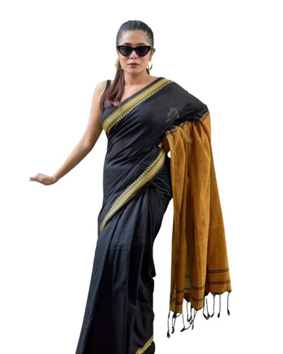 Narayanpet Handloom Cotton Saree With Attach Running Blouse - Black, Standard Size, Skin Friendly | Customized Design, Modern Style, Casual Wear