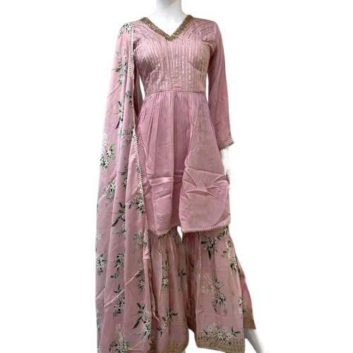 Beige Indian Designer Anarkali Suits - Georgette Chiffon Fabric, Unstitched/Semi-Stitched, Bridal Wedding Party Wear | Breathable, Washable, Embroidered Pattern, Winter