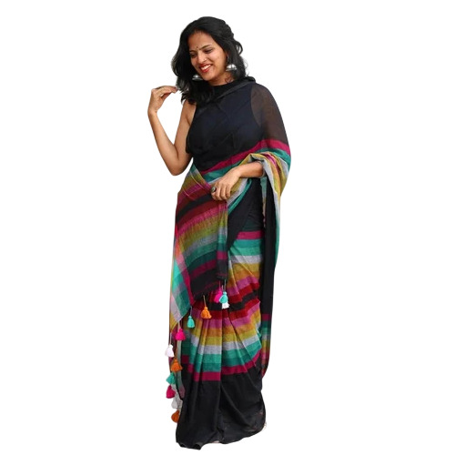 Black Rainbow Cotton Linen Saree - 6.3m, Black with Rainbow, Geometric Print | Machine Wash, Tassels, Summer Party Wear