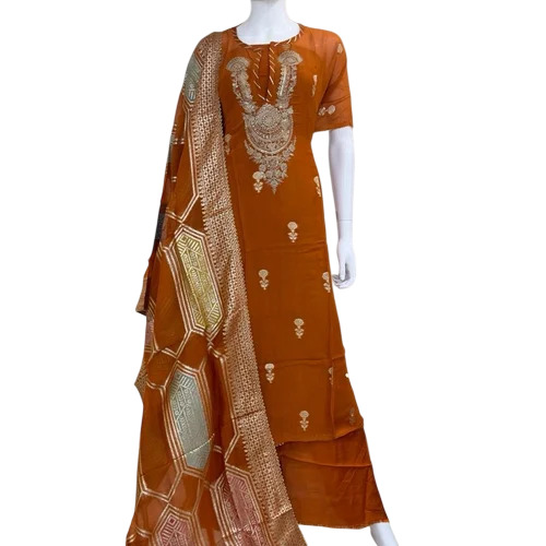 Brown Indian Designer Suits - Georgette Fabric, Brown Color | Breathable, Washable, Printed A-Line Semi-Stitched Suit
