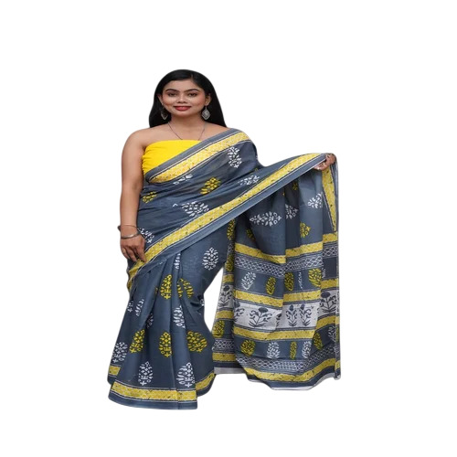 Gray Flower Printed Hand Batik Pure Cotton Saree
