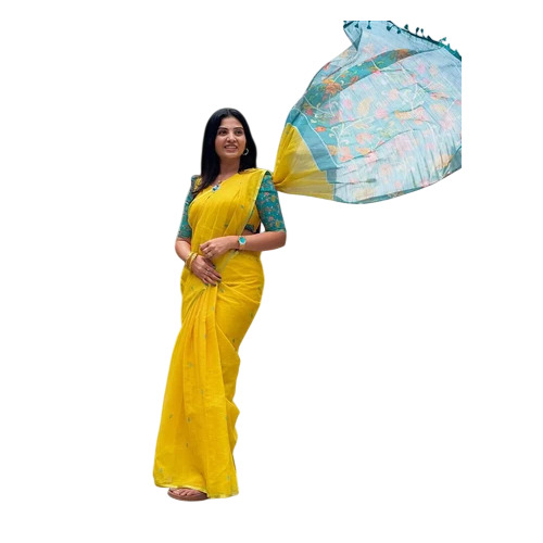 Heavy Yellow Linen Kalmkari Print Digital Saree With Blouse