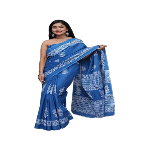 Light Blue Womens Cotton Blend Saree With Blouse Piece