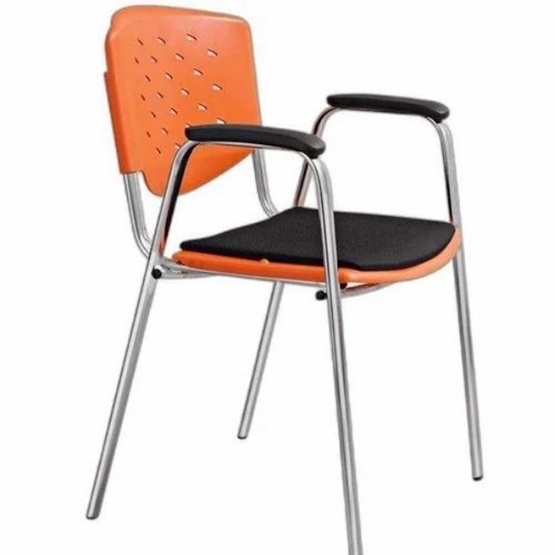 Office Visitor Chair - Plastic & Stainless Steel, Standard Size, Silver & Orange | Adjustable Height, Lumbar Support, Rust Resistant, Portable