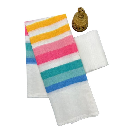 White Rainbow Cotton Linen Trending Saree