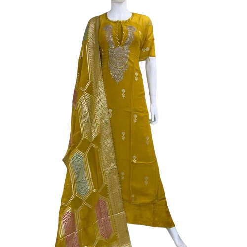 Yellow Indian Designer Suits - Georgette Fabric Yellow Semi-Stitched | Breathable Machine Wash Printed A-Line Half Sleeves Winter Party Wear