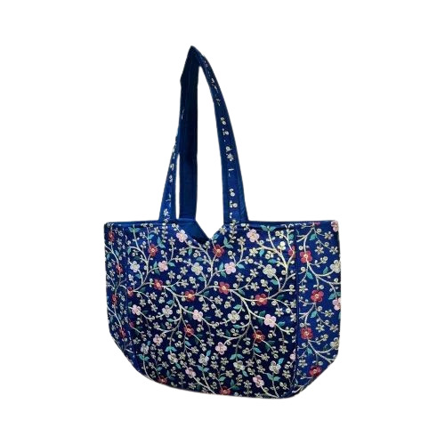 Blue Embroidery Regular Shoulder Bag - Cotton Fabric, Various Sizes, Blue | Biodegradable, Moisture Proof, Recyclable, Shock Resistant
