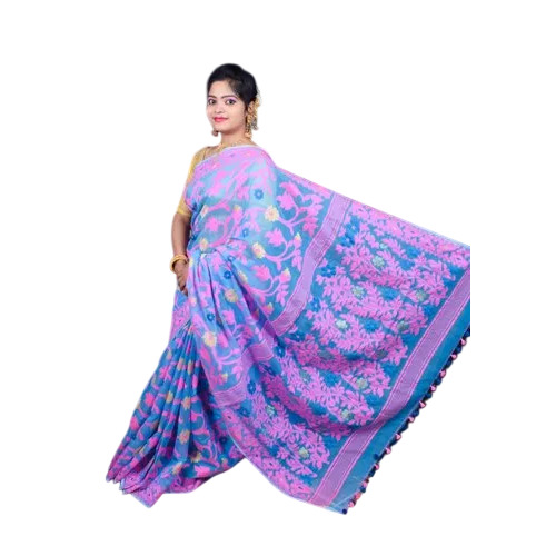 Blue & Pink Party Wear Dhakai Jamdani Saree