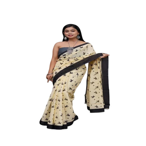 Cream Hand Block Dabu Print Pure Cotton Malmal Saree