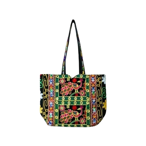Handmade Embroidery Multicolor Regular Tote Bag For Women - Cotton Canvas 12x16 Inch, Multicolor | Biodegradable, Moisture Proof, Recyclable, Shock Resistant, Hand Length Handle