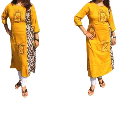 Ladies Rayon Kurti - 3/4 Sleeve, Yellow, Regular Fit | Breathable, Anti Wrinkle, Quick Dry, Comfortable Fit