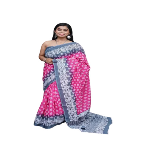 Pink Hand Block Dabu Print Pure Cotton Malmal Saree - Cotton, 6.3 Meter, Pink | Party Wear, Printed, Summer