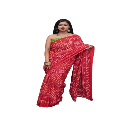 Red Pure Cotton Printed Bandhani Crepe Saree - Cotton, 6 Meter, With Blouse | Red, Women, Party Wear, Summer