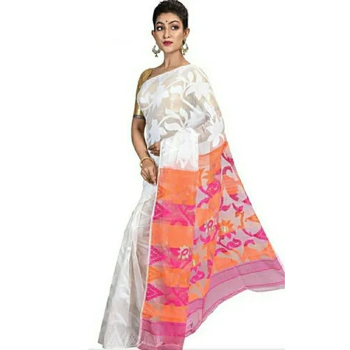 White Cotton Dhakai Jamdani Rasom Saree - 5.5m, Cotton Blouse Fabric | White, Orange & Pink, Festive Bengali Style