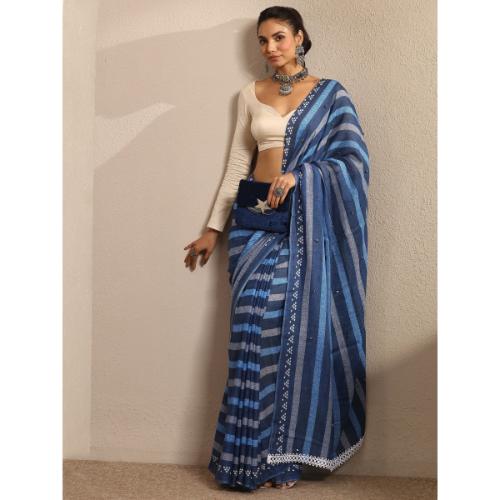 Blue Striped Printed Cotton Blend Saree