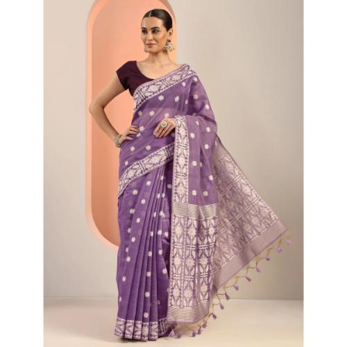Lavender Woven Cotton Blend Saree With Unstitched Blouse Piece