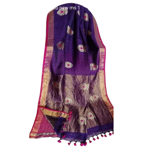 Linen Saree - 6 Meter Purple Cotton Blend, Hand Made, Party Wear Bangali Style