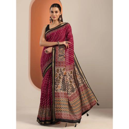 Maroon Printed Cotton Blend Saree With Unstitched Blouse Piece