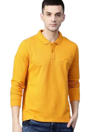 Men Full Sleeves Yellow Polo Neck T-Shirt - Cotton, Various Sizes, Plain | Lightweight, Soft, Breathable, Quick Dry