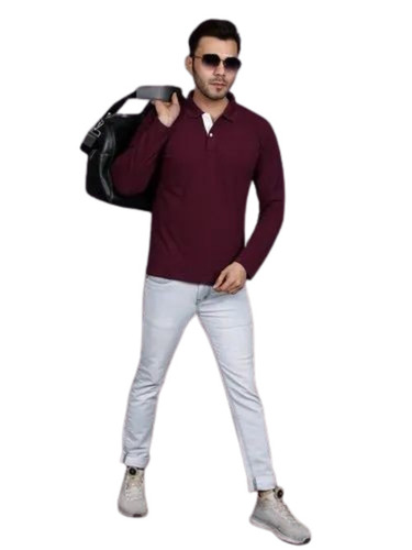 Mens Maroon Polo Full Sleeves T Shirt