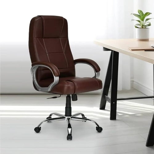 Office Chair - Wooden and Leather, Brown, Adjustable Height | Ergonomic Design, Chemical Resistant, Breathable, Smooth Swivel, Sturdy Frame, Comfortable Cushion