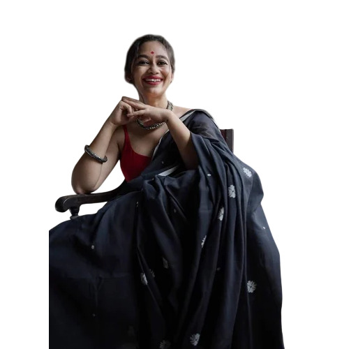 Black Cotton Sarees - 6.3 Meter, Hand Made with Blouse Piece, Kundan Work, Bengali Style, Party Wear