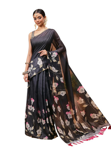 Black Digital Printed Silk Saree