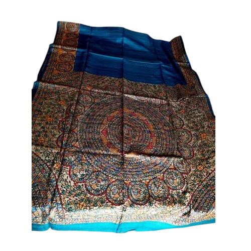 Blue Printed Tussar Ghicha Silk Saree