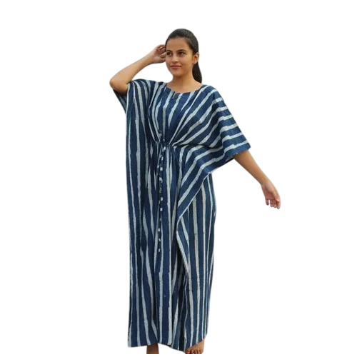 Blue & White Indigo Colour Cotton Kaftan - Cotton, 56 Inch, Blue & White | Hand Block Printed, Breathable, Washable, Elbow Sleeves