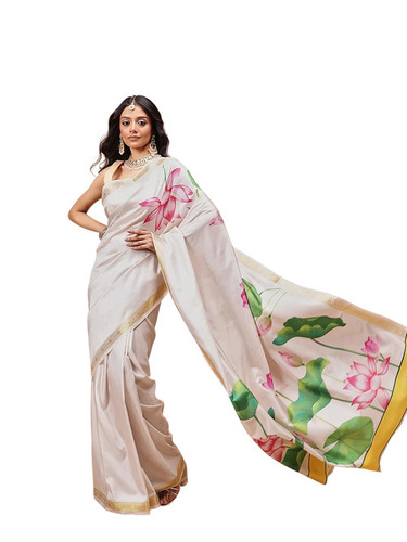 Cream Digital Floral Printed Silk Saree - 5.5 Meter, Machine Wash | Drawstring Closure, Unstitched Blouse, Party Wear