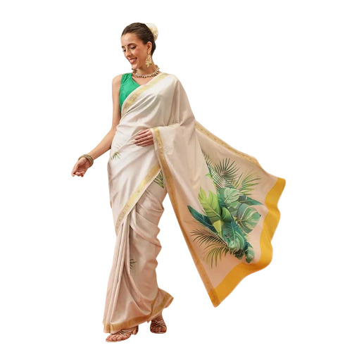 Cream Digital Leaf Printed Silk Saree