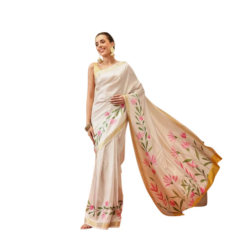 Cream Digital Pink Flower Printed Silk Saree