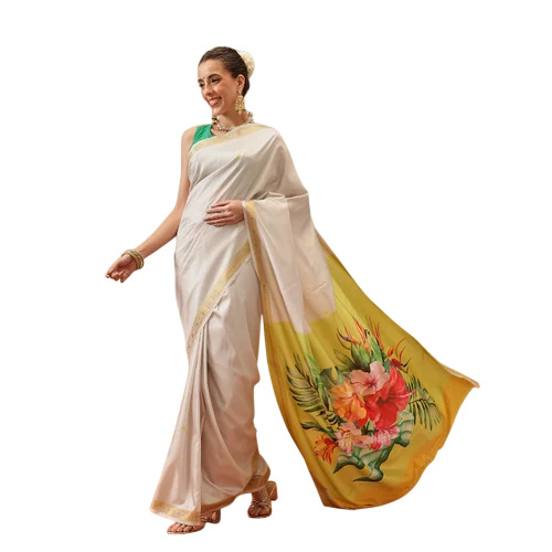 Cream & Yellow Digital Printed Silk Saree
