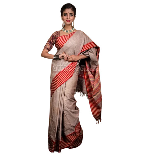 Gray And Red Begumpuri Saree