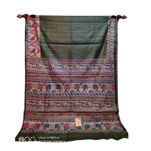 Green Printed Tussar Ghicha Silk Saree - 6.5 Meter, Silk Fabric, Green Multicolor Print | Madhubani Festive Wear, Women