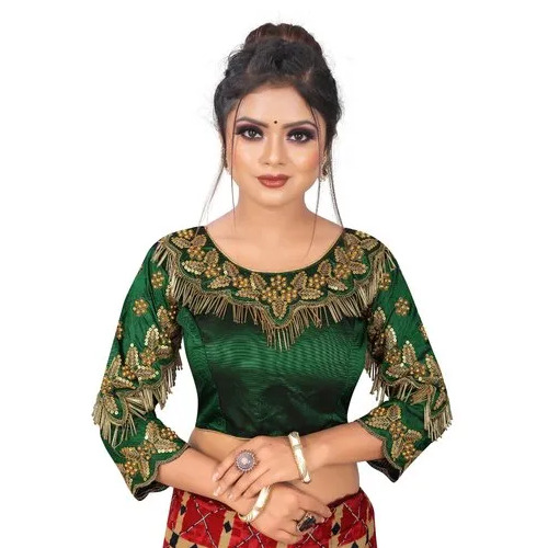 Green Women Designer Blouse - Poly Silk, 38 cm, Green | Hand Embroidered, Breathable, Washable, Round Neck, Half Sleeves, Party Wear