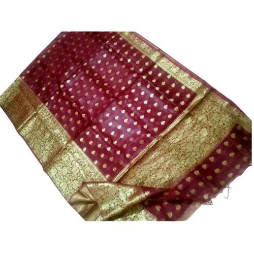 Linen Silk Saree - Linen Tussar Silk, 6.3 Meter, Red & Golden, Embroidered Hand Work | Party Wear, Bengali Style, Silk Blouse Piece