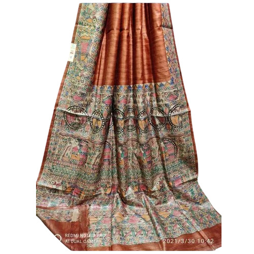 Mustard Printed Tussar Ghicha Silk Saree