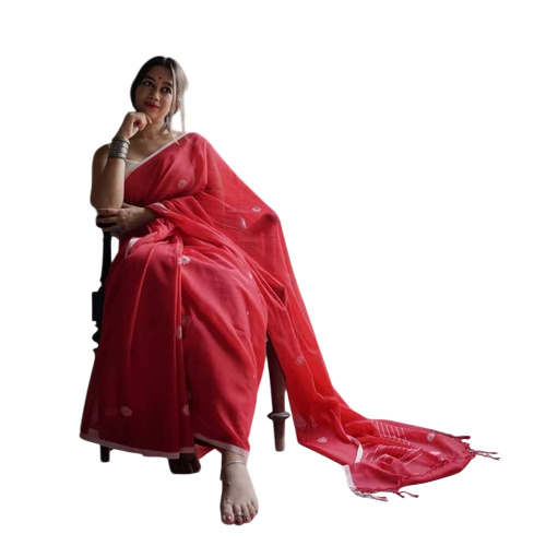 Red Jhilmil Khadi Saree - Linen 6.3 Meter, Red, Machine Made | Festive Wear, Printed, Hand Work, Satin Blouse