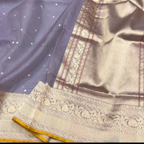 Banarasi Pure Khaddi Cora Saree - Silk, Grey, Lightweight | Handwoven, Embroidered Motifs, Party Wear