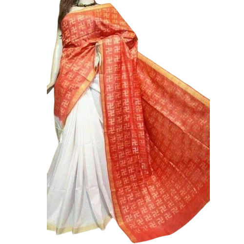 Orange & White Bhagalpuri Handloom Viscose Saree