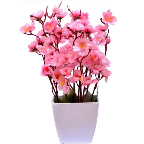 Pink Artificial Camella Flower With Pot - Plastic Pink & White Free Standing | Durable Home Decoration