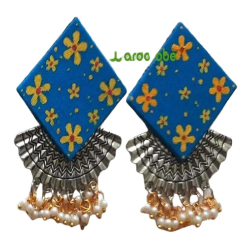 Square Blue Handmade Fabric Earrings