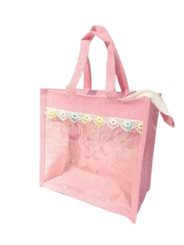 Window Jute Bags - Jute, 8x10x4 Inch, Pink, Handled, Zipper Closure | Durable, Fine Finished, Eco-Friendly