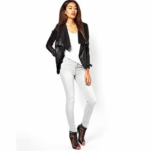 Women Black Leather Jacket With Buckle Sleeves - Pure Leather, Full Sleeve, Black | Light Weight, Soft, Breathable Winter Wear