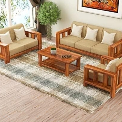Wooden Five Seater Sofa Set - Solid Wood Brown Spacious | Durable Eco-Friendly Scratch Resistant Padded Cushions